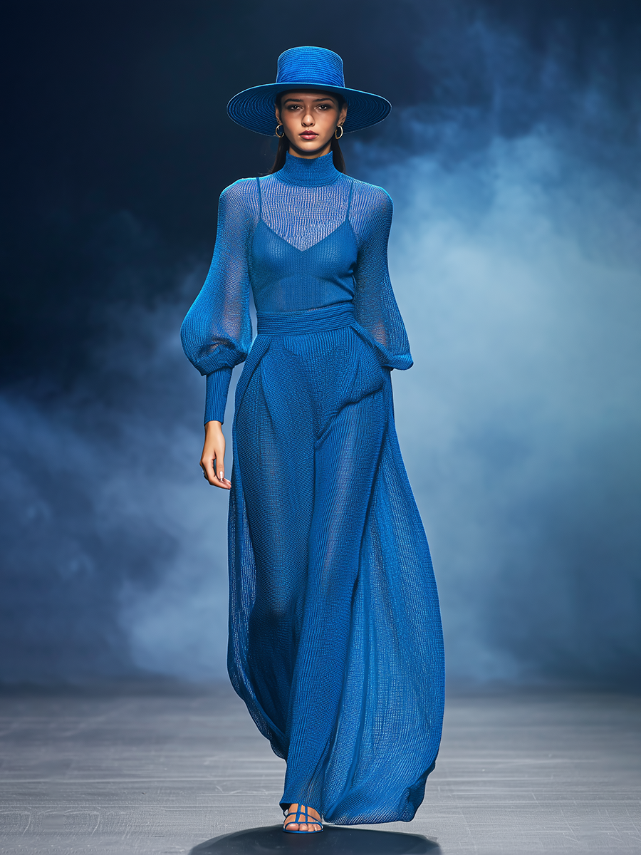 Casual And Stylish Blue Slightly Sheer Knit Top And Wide-leg Pants Set