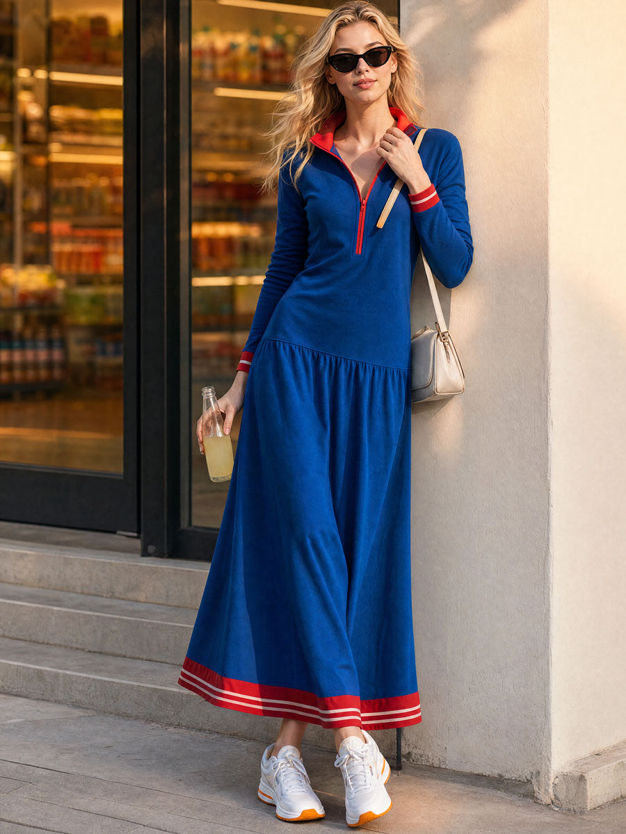 Casual Retro Color-blocked Trim Blue Collar Low-waisted Cotton Midi Dress