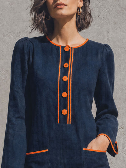 Casual Retro Color-blocked Trimmed Blue Round Neck Cotton Linen Mini Dress