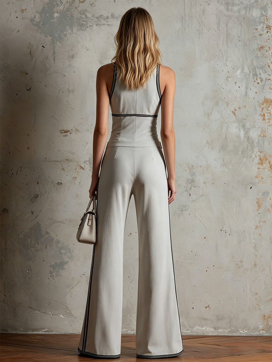 Casual Retro Black Ribbon Gray Sleeveless V-Neck Cotton Blend Jumpsuit