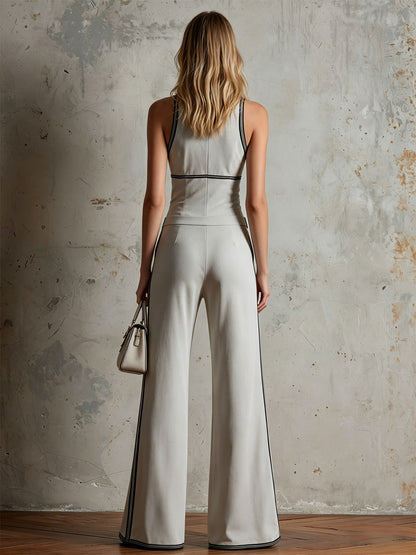 Casual Retro Black Ribbon Gray Sleeveless V-Neck Cotton Blend Jumpsuit
