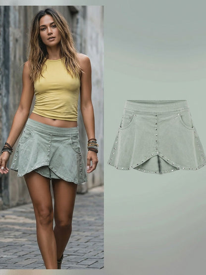 Western Retro Studded Ruffled Light Green Denim Shorts