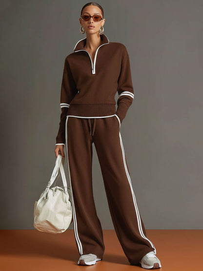 Retro Sporty Webbing Grey-white Half-zip Sweatshirt And Wide-leg Pants Set