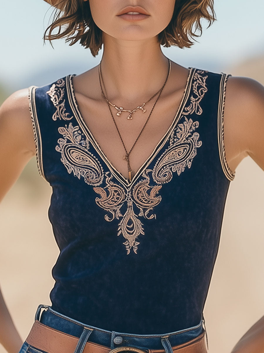 Casual Vintage Navy Suede Cashew Flower Embroidery V-Neck Tank Top