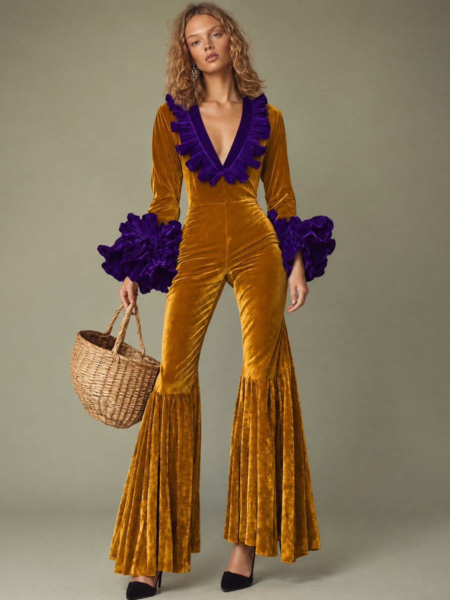 Fashion Party Purple Ruffle Long Sleeve Flared Gold Velvet Jumpsuit