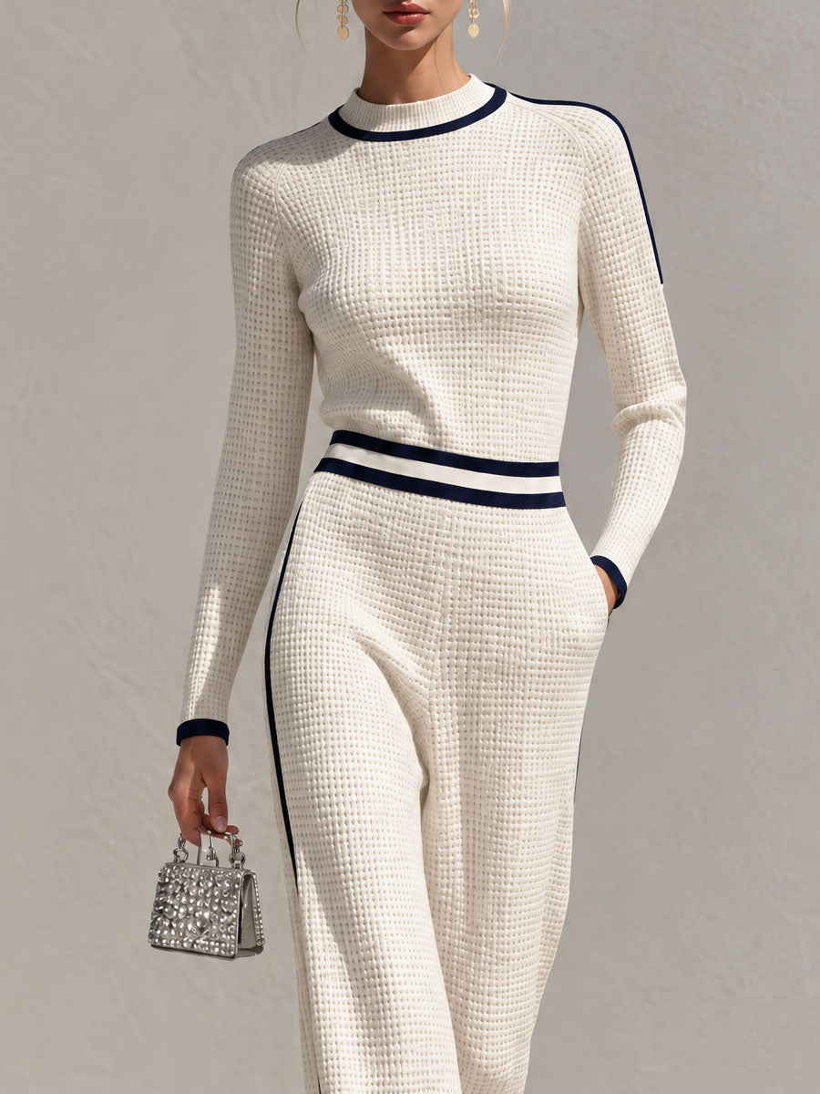 Retro Casual Color-blocked White Knit Top And Pants Set