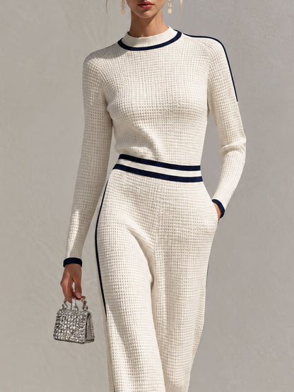 Retro Casual Color-blocked White Knit Top And Pants Set