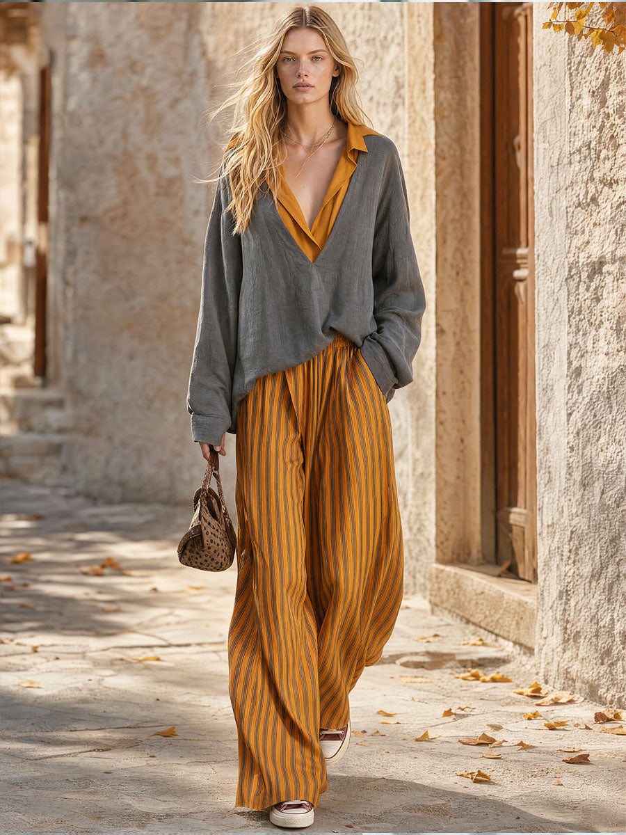Casual Retro Color-blocked Faux Two-piece Grey Linen Shirt And Yellow Trousers Set