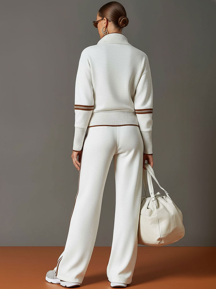 Retro Sporty Webbing Grey-white Half-zip Sweatshirt And Wide-leg Pants Set