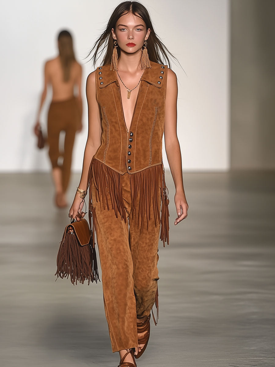 Casual Loose Vintage Caramel Suede Rivet Tassel Vest