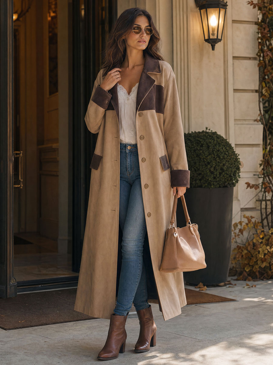 Stylish Retro Khaki Color-blocked Faux Suede Coat