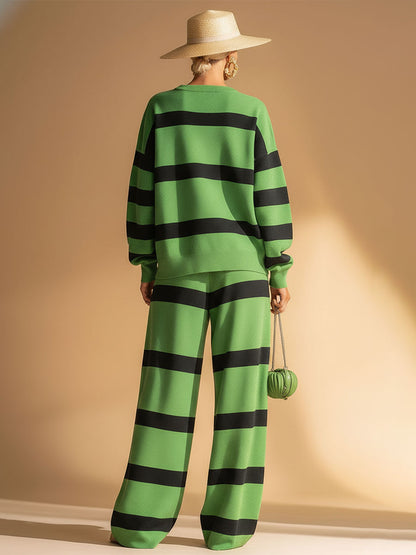 Casual Sports Green And Black Striped Sweatshirt And Pants Set