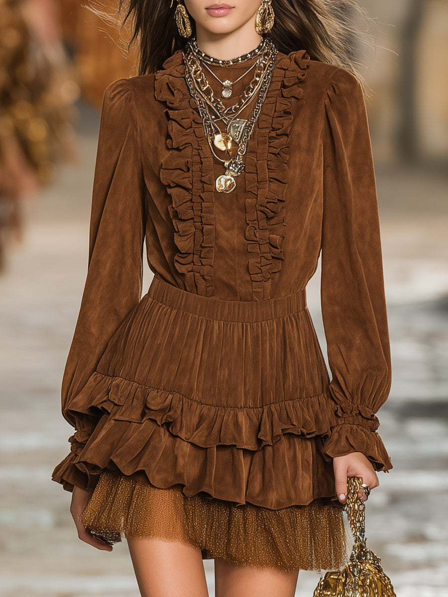 Stylish Brown Faux Suede Ruffled Tulle Mini Dress