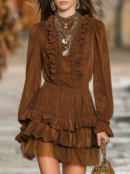 Stylish Brown Faux Suede Ruffled Tulle Mini Dress