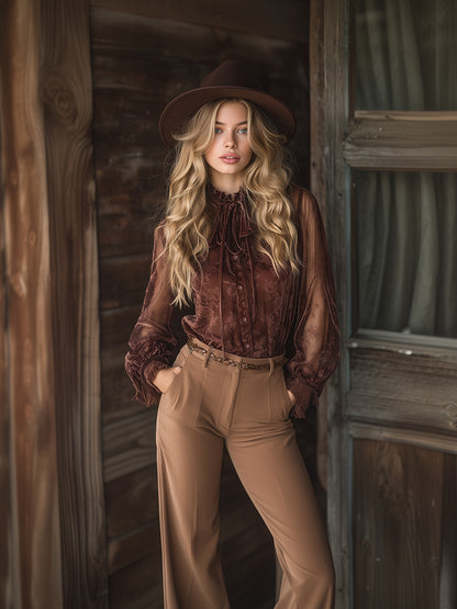 Retro Western-style Chiffon Printed Long-sleeved Brown Velvet Shirt