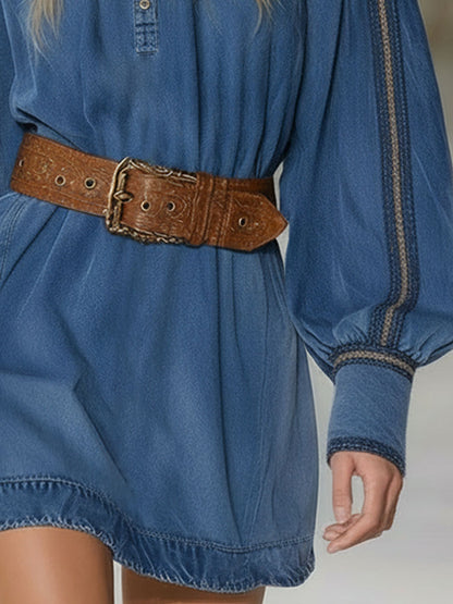 Henry Collar Button-down Contrasting Woven Trim Long-sleeved Denim Mini Dress