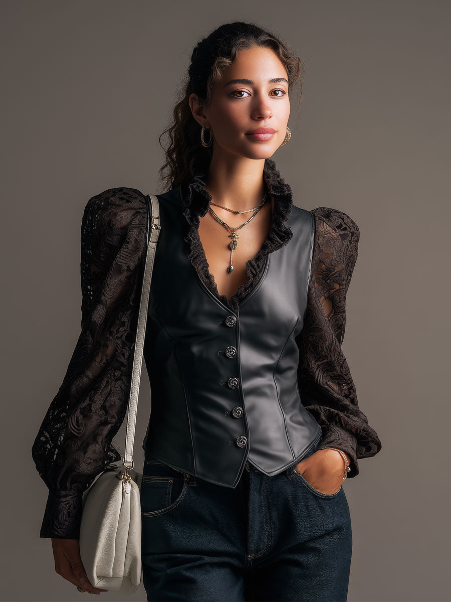 Fashionable Retro Black Lace Long-sleeved PU Vest Shirt