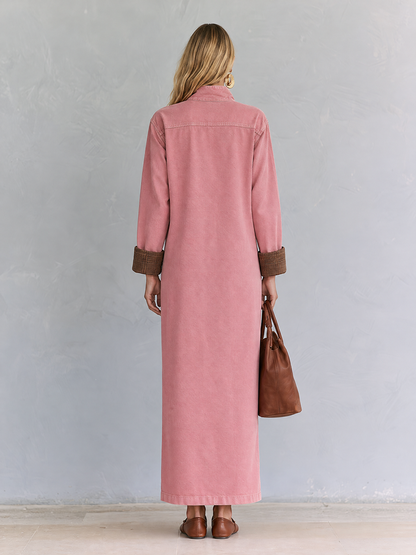Casual Vintage Pink Button Front Long Shirt Dress