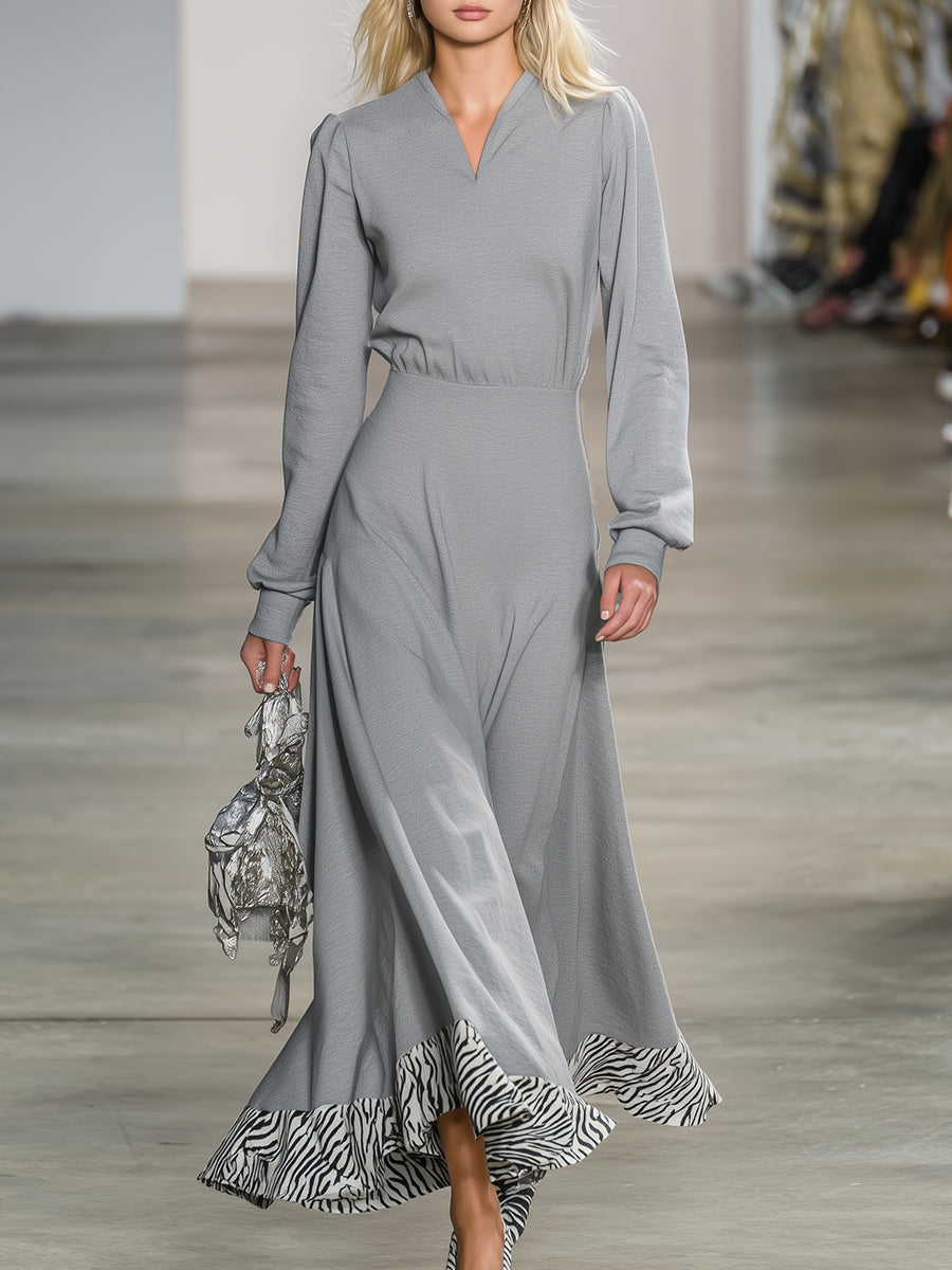 Stylish Grey V-neck Patchwork Zebra Print Dress