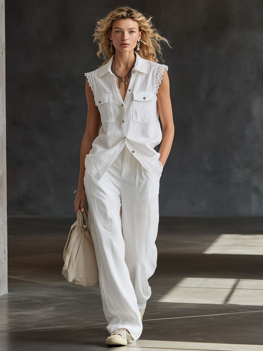 Casual Retro White Cotton Linen Sleeveless Lace Shirt And Wide-leg Pants Set