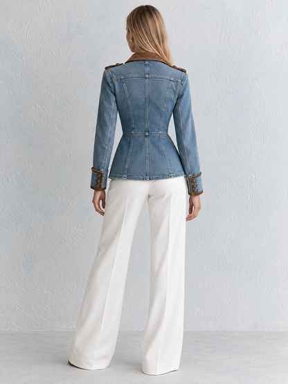 Military Denim Peplum Jacket With Faux Suede Jacket