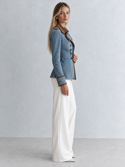 Military Denim Peplum Jacket With Faux Suede Jacket