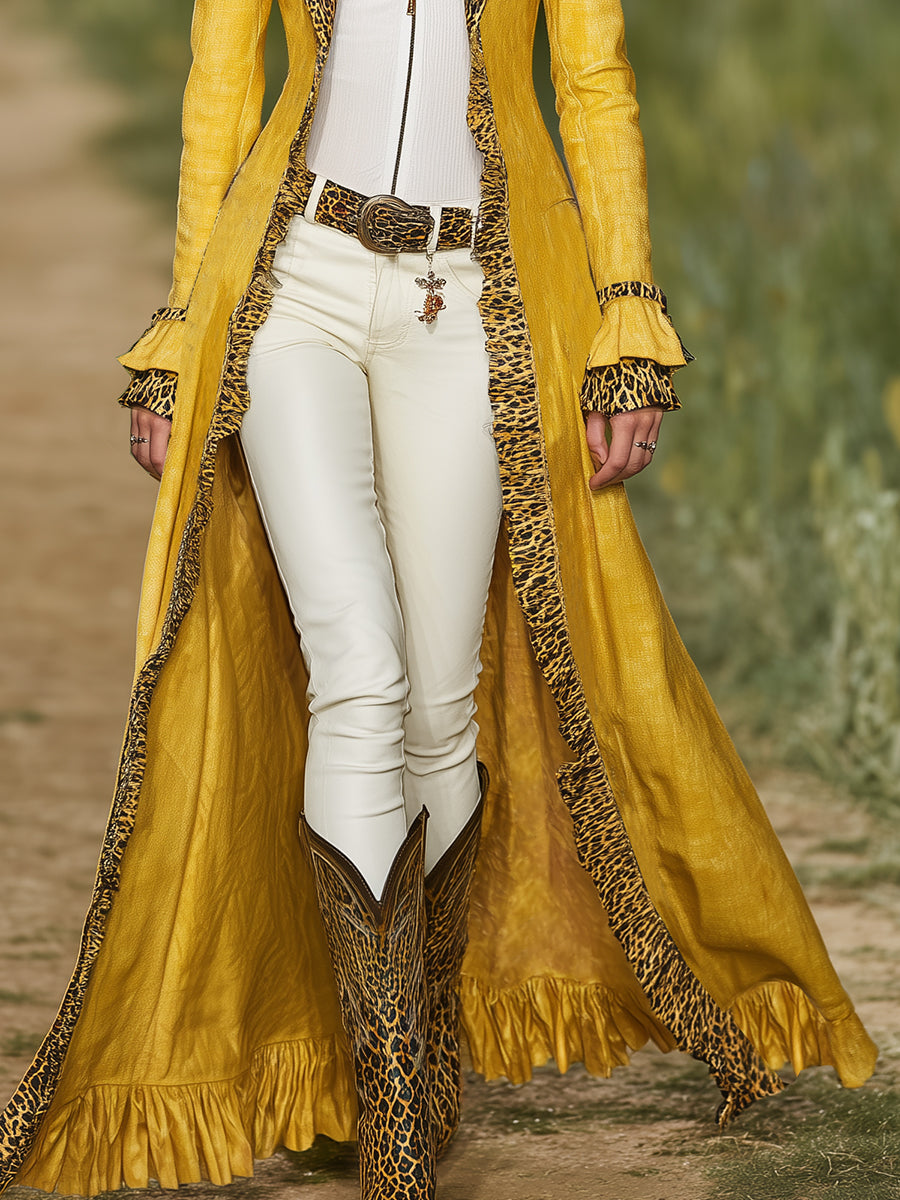 Casual Retro Leopard Print Trim Yellow Cotton And Linen Trench Coat