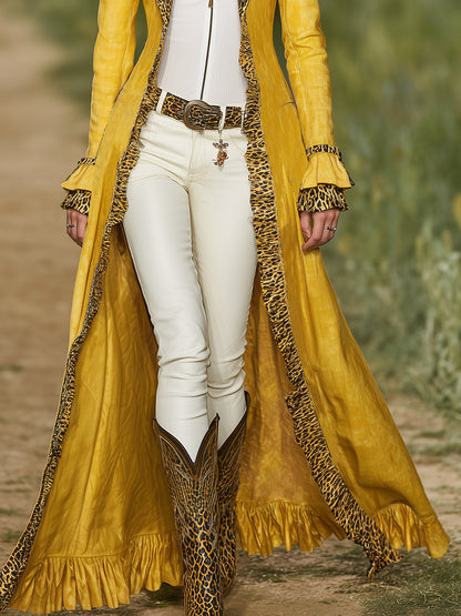Casual Retro Leopard Print Trim Yellow Cotton And Linen Trench Coat