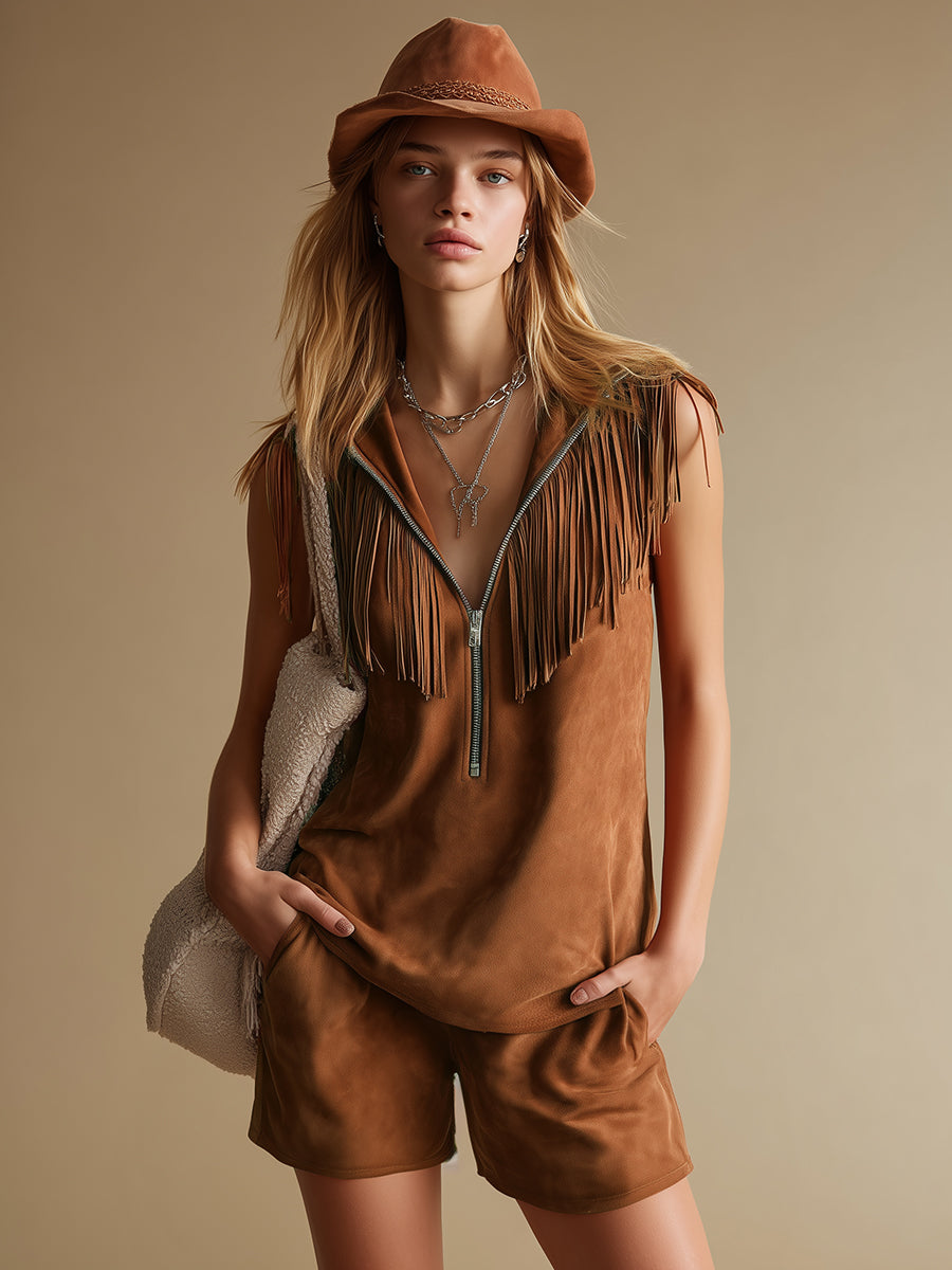 Western-style Vintage Stand-collar Zippered Sleeveless Faux Suede Top And Shorts Set