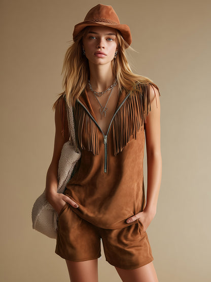 Western-style Vintage Stand-collar Zippered Sleeveless Faux Suede Top And Shorts Set