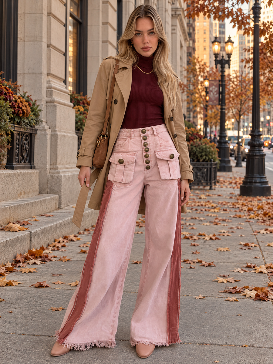 Vintage Military Pink High Waist Button Fly Fringe Hem Wide Leg Jeans