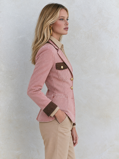 Vintage Safari Pink Contrast Trim Gold Button Tailored Denim Blazer