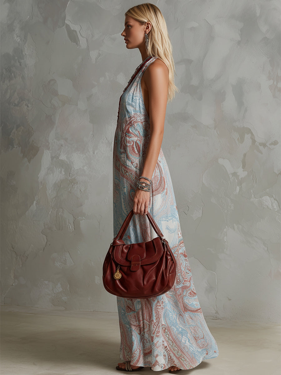 Retro Ethnic Bohemian Color-blocked Blue Floral Chiffon Sleeveless Maxi Dress