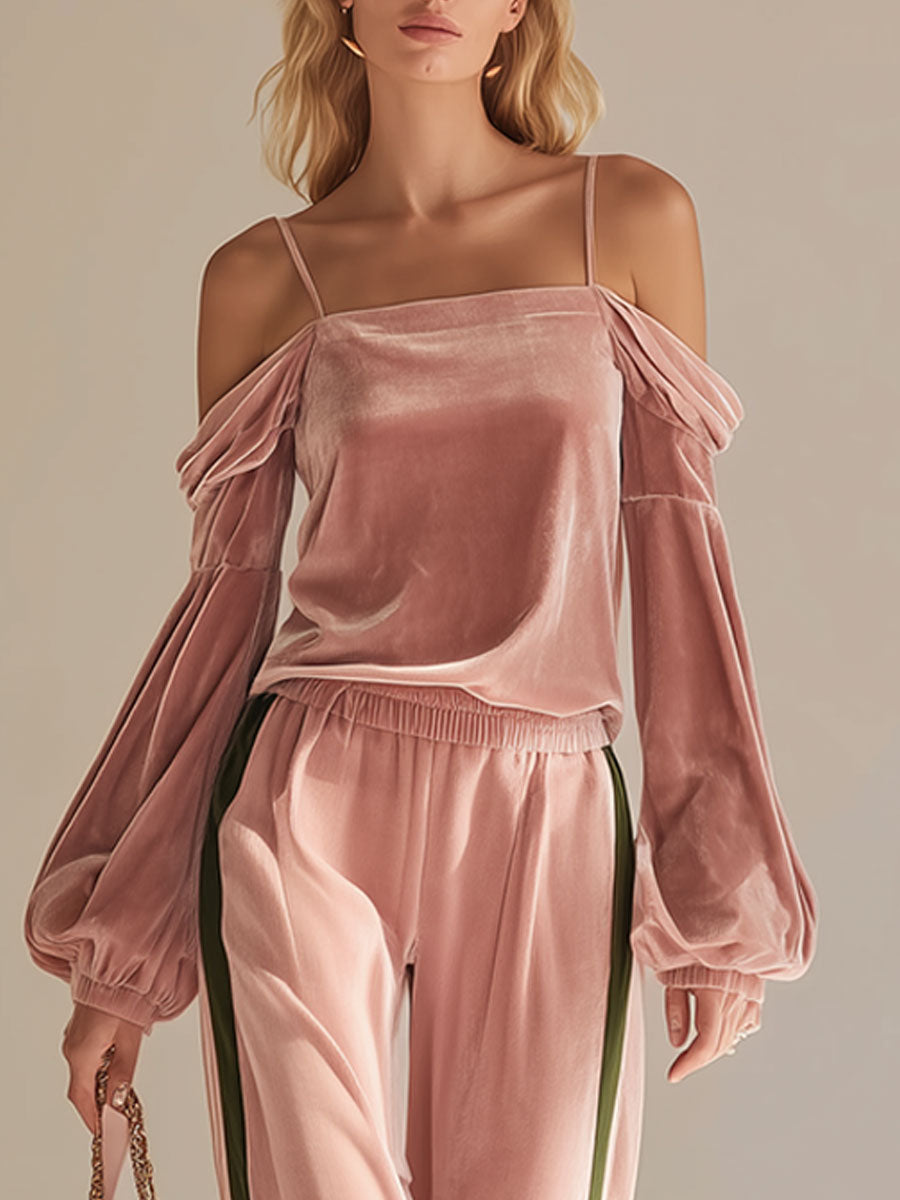 Fashionable Sporty Pink Velvet Off-the-shoulder Top And Wide-leg Pants Set