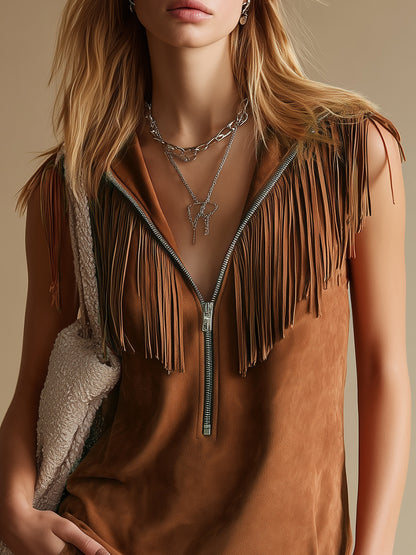 Western-style Vintage Stand-collar Zippered Sleeveless Faux Suede Top And Shorts Set