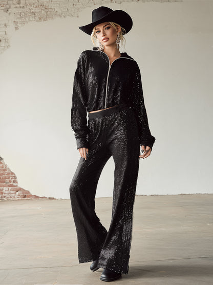 Stylish Casual Sporty Black Sequined Front Zipper Top And Wide-Leg Pants Set