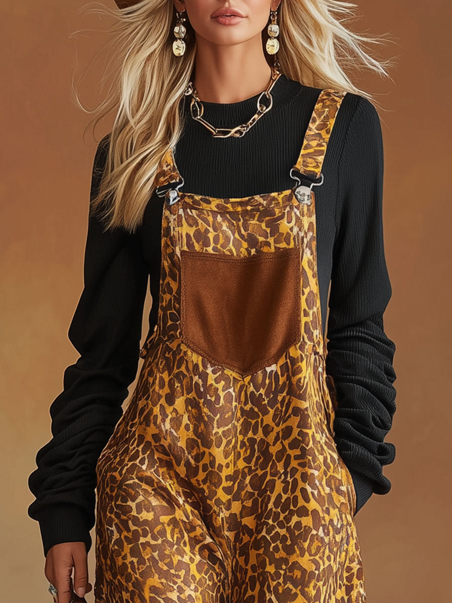 Stylish And Casual Yellow Leopard Print Overalls
