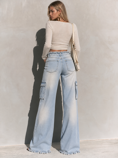 Relaxed Vintage Light Wash Frayed Waist Cargo Wide Leg Jeans