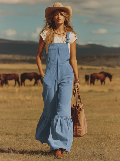 Zipper Closure Multiple Pockets Blue Faux Suede Overalls