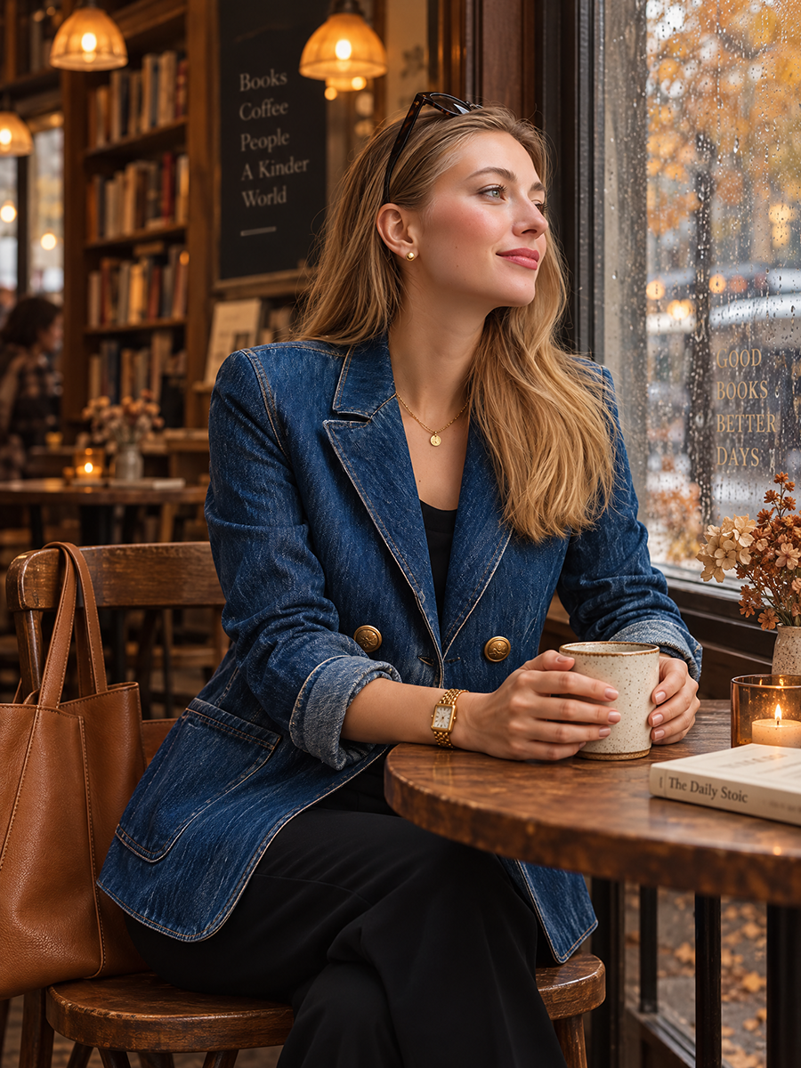 Vintage Chic Dark Wash Gold Button Tailored Denim Blazer