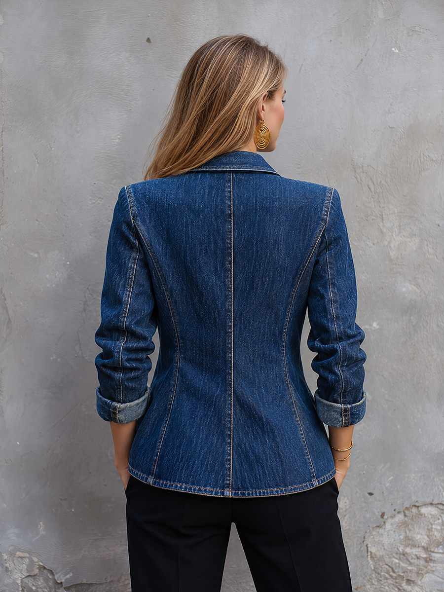 Vintage Chic Dark Wash Gold Button Tailored Denim Blazer