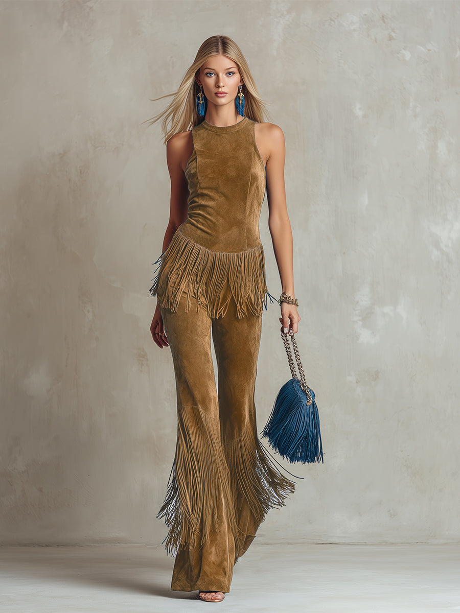 Elegant Vintage Light Brown Fringed Faux Suede Vest And Pants Set