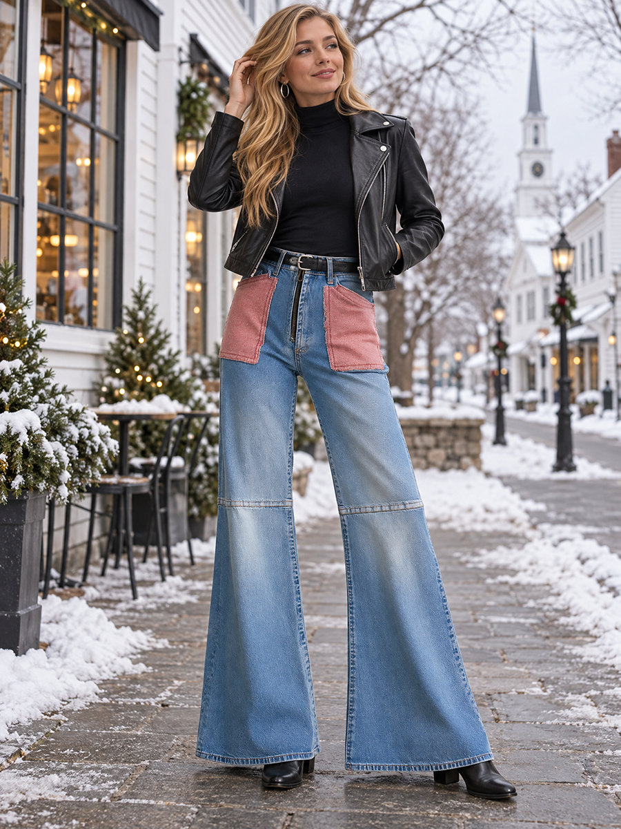 Retro Patchwork Pink Pocket High Waist Zip Fly Flare Jeans