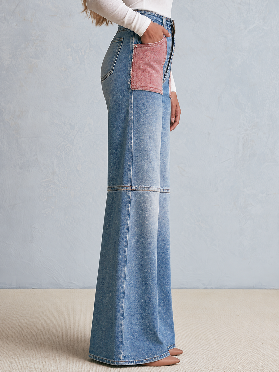 Retro Patchwork Pink Pocket High Waist Zip Fly Flare Jeans