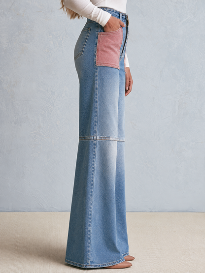 Retro Patchwork Pink Pocket High Waist Zip Fly Flare Jeans