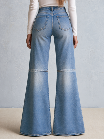 Retro Patchwork Pink Pocket High Waist Zip Fly Flare Jeans