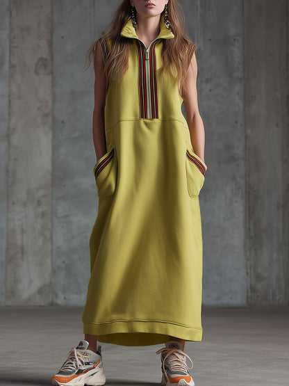 Sporty Retro-style Woven Yellow-green Slit Sleeveless Maxi Dress