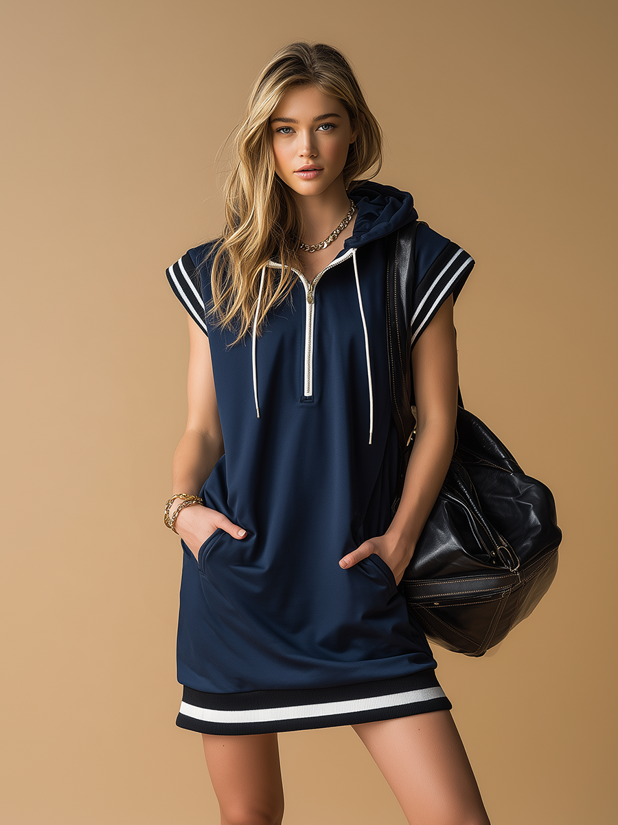 Sporty Retro Wide-shouldered Sleeveless Hooded Mini Dress