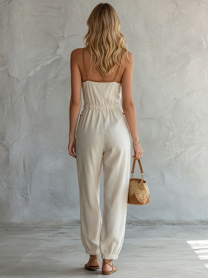 Retro Casual Color-blocked Beige Sleeveless V-neck Cotton And Linen Jumpsuit