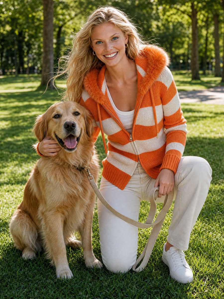 Casual Retro Orange Faux Fur Hooded Knit Cardigan